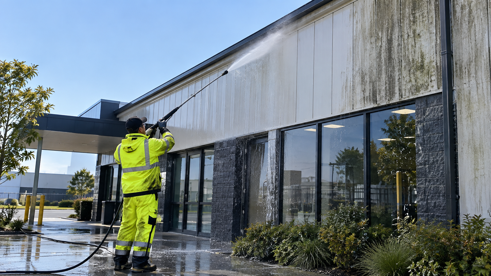 Exterior cleaning of a commercial building